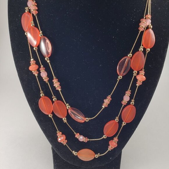 Silver tone Layered illusion Salmon color Beaded Necklace with matching Earrings - Picture 8 of 8